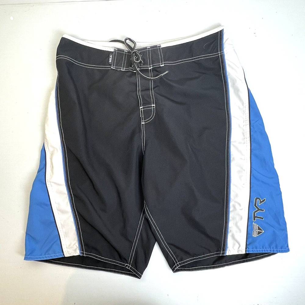 TYR Swim Trunks Men's 34 Navy/White/Blue Striped Drawstring Non-Lined Logo